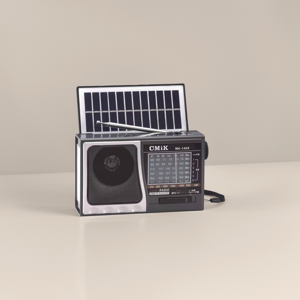 The black portable radio with a solar panel telescopic antenna has clear sound reception and long battery life Specification image