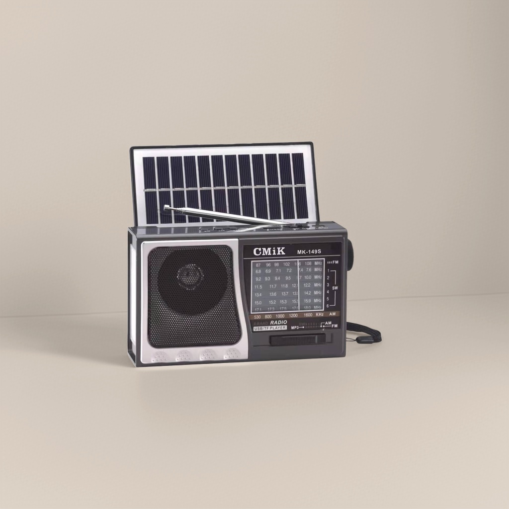 The black portable radio with a solar panel telescopic antenna has clear sound reception and long battery life