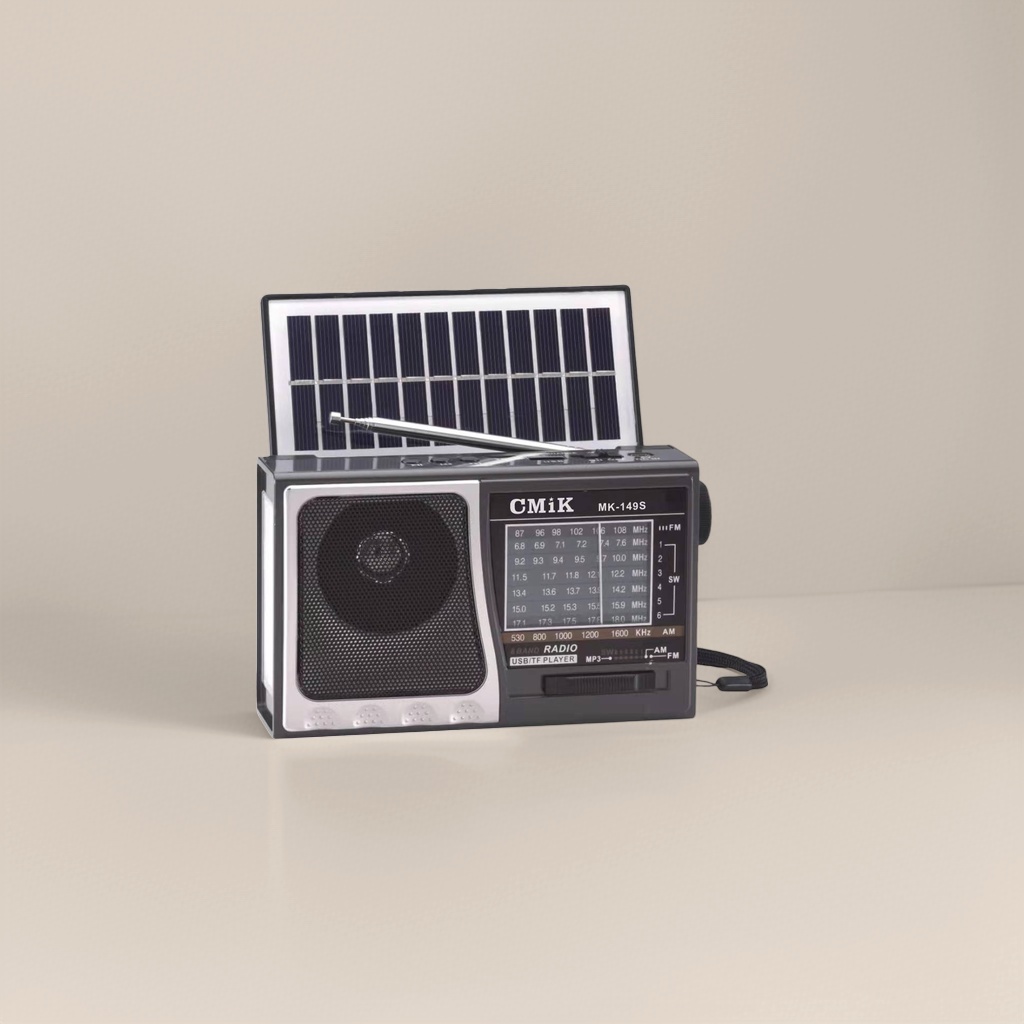 The black portable radio with a solar panel telescopic antenna has clear sound reception and long battery life details Picture