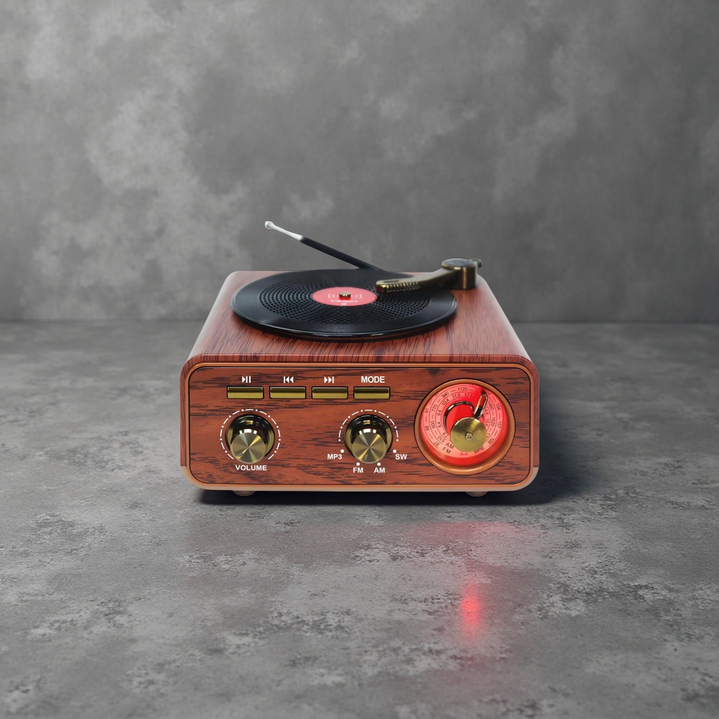 Retro wood-grain radio with vinyl record plate, golden knobs and red FM knobs details Picture