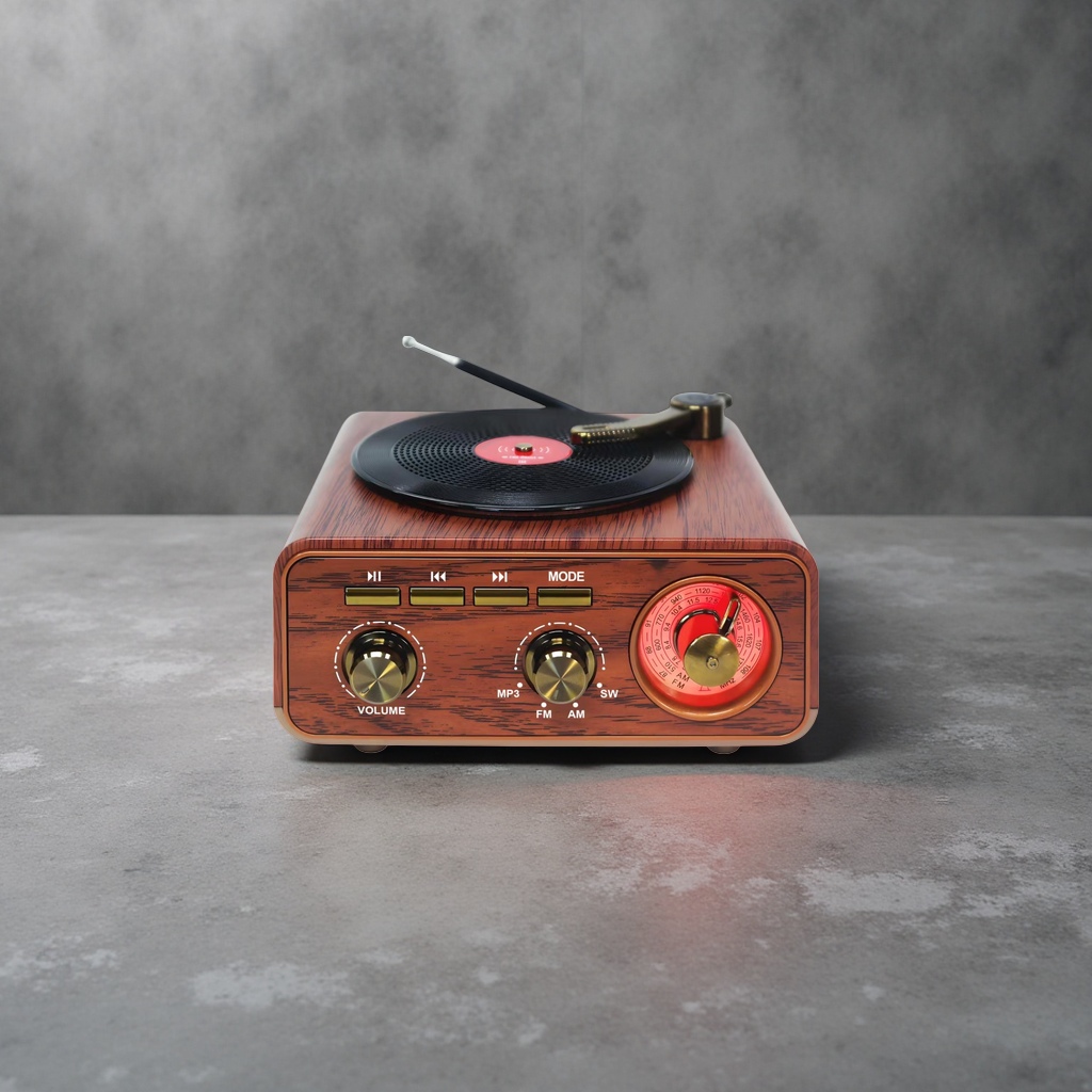Retro wood-grain radio with vinyl record plate, golden knobs and red FM knobs Application Scenario