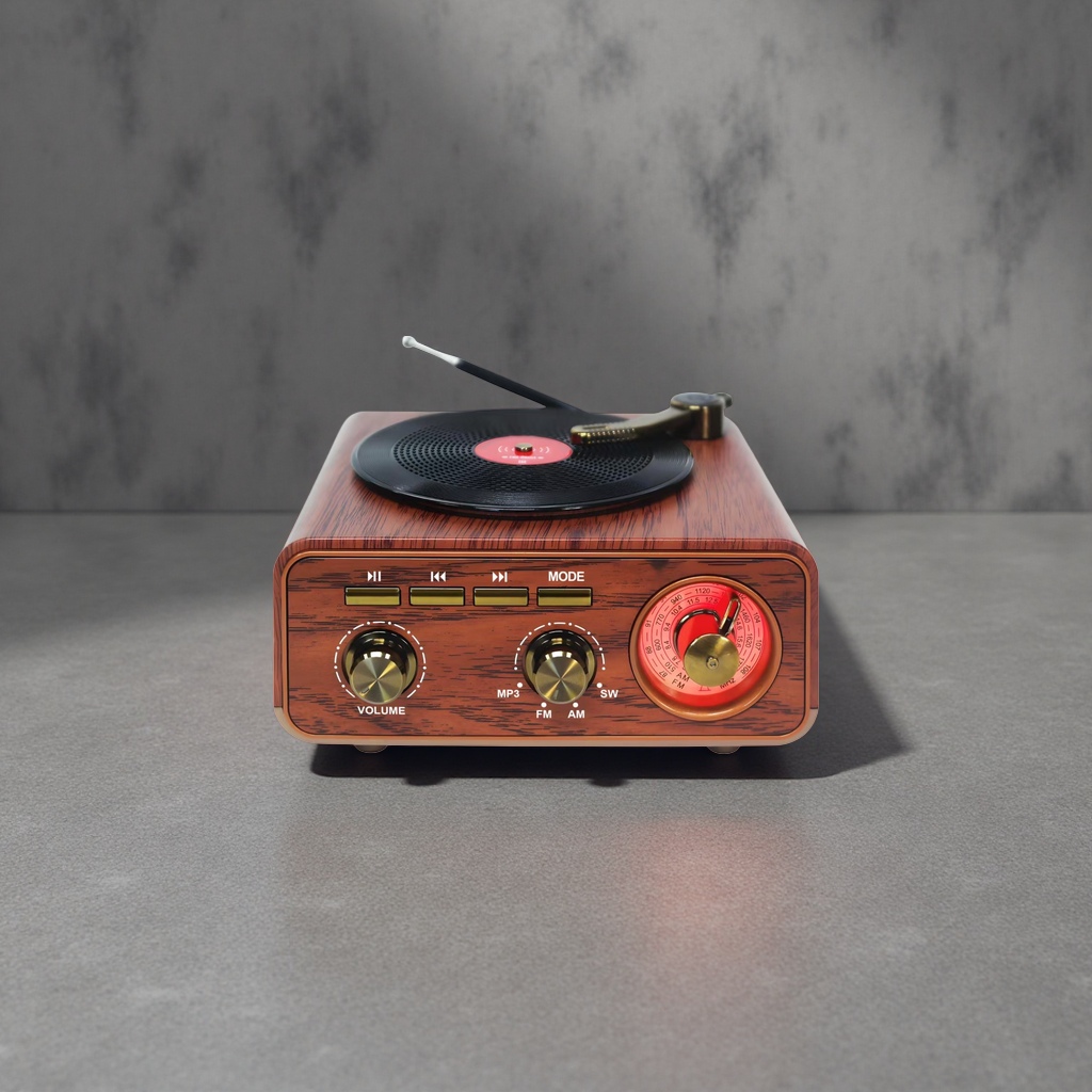 Retro wood-grain radio with vinyl record plate, golden knobs and red FM knobs Specification image