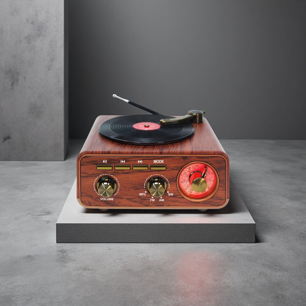 Retro wood-grain radio with vinyl record plate, golden knobs and red FM knobs