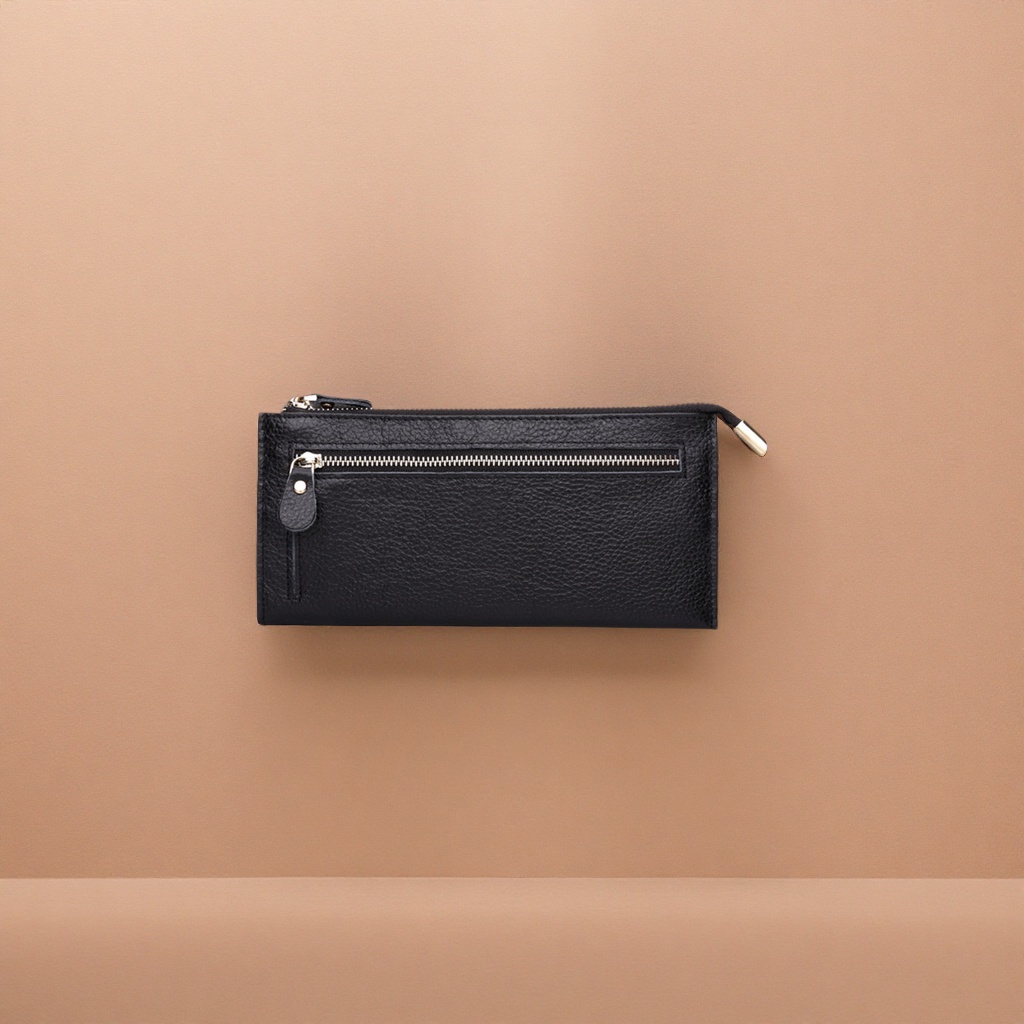 Black leather long wallet for ladies, simple and business, with large capacity for loose change