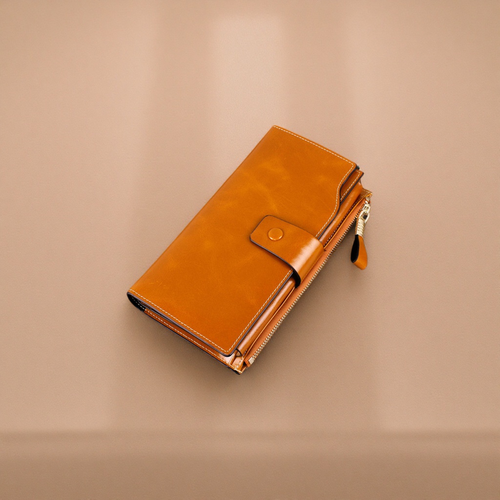 Brown leather wallet, men's simple business long leather wallet, calfskin coin bag details Picture