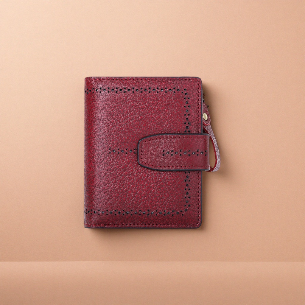 Wine red genuine leather wallet for women, long style, simple, fashionable, business and casual