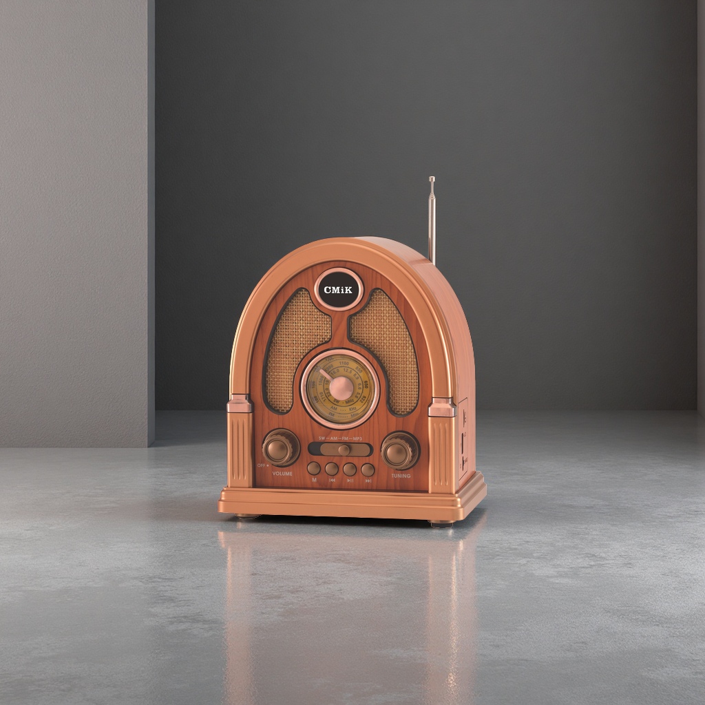 Copper-colored retro radio, nostalgic Bluetooth speaker with a wooden casing and adjustable frequency