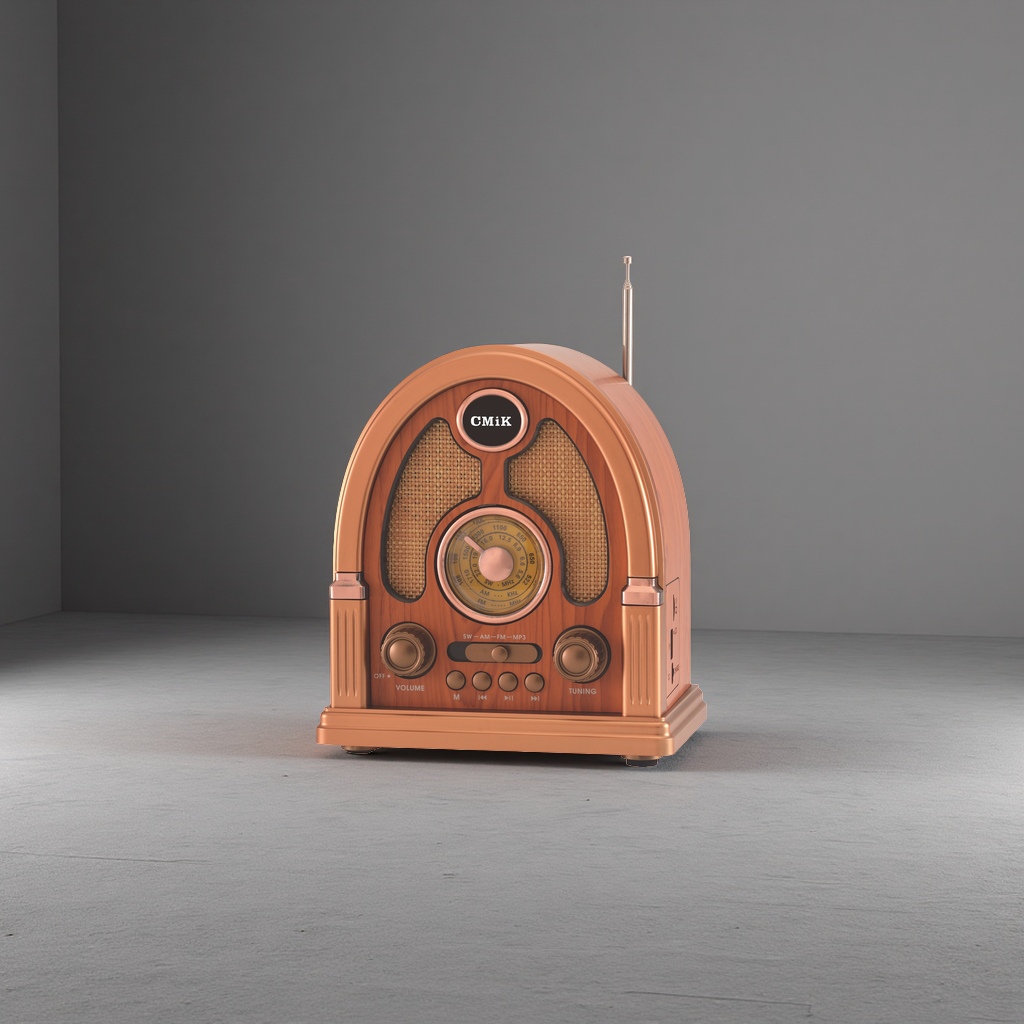 Copper-colored retro radio, nostalgic Bluetooth speaker with a wooden casing and adjustable frequency Application Scenario