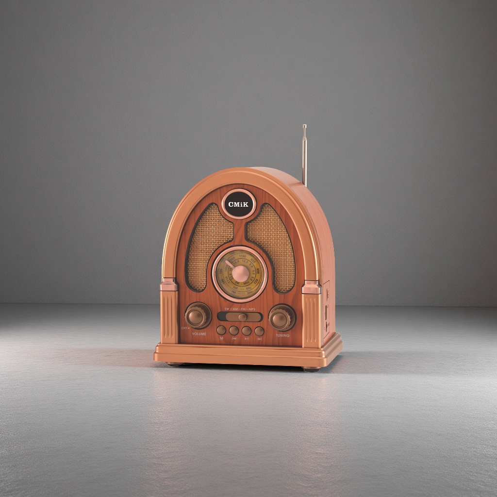 Copper-colored retro radio, nostalgic Bluetooth speaker with a wooden casing and adjustable frequency details Picture