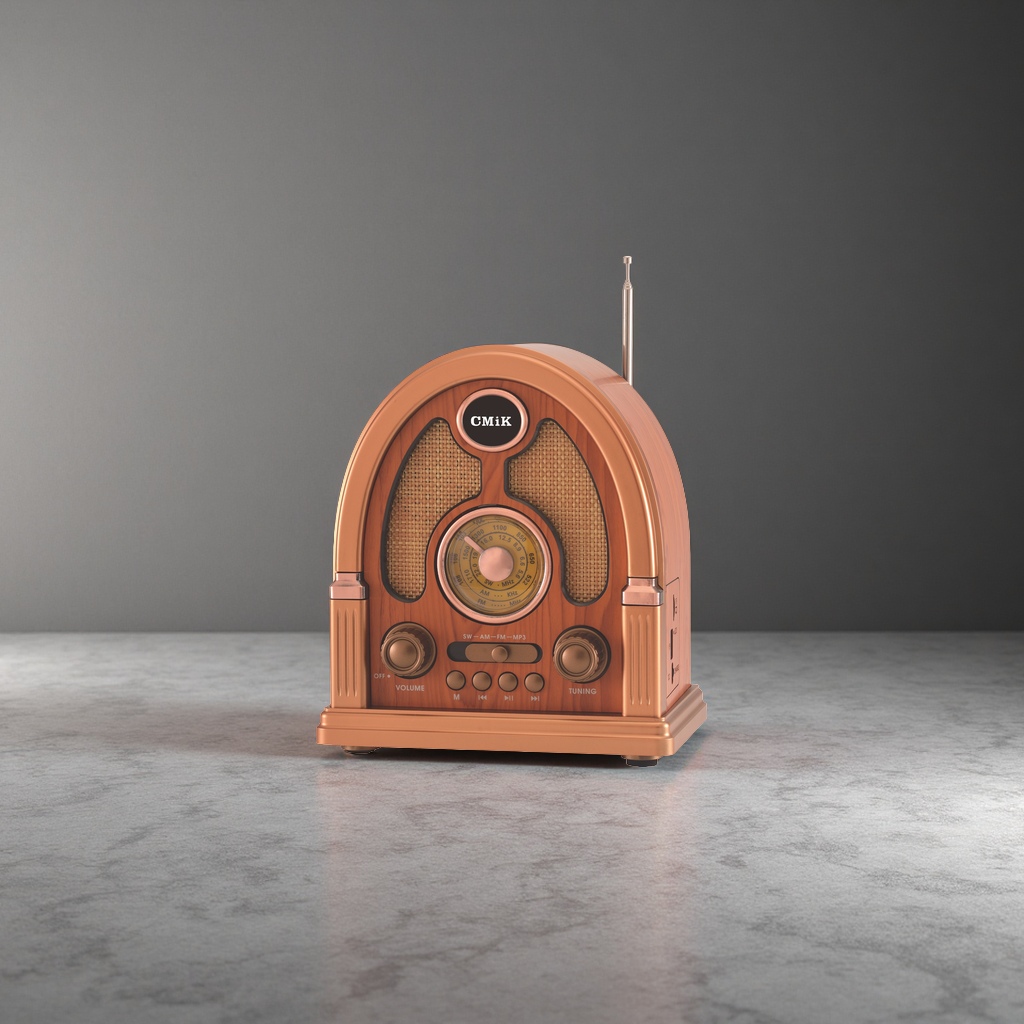 Copper-colored retro radio, nostalgic Bluetooth speaker with a wooden casing and adjustable frequency Specification image