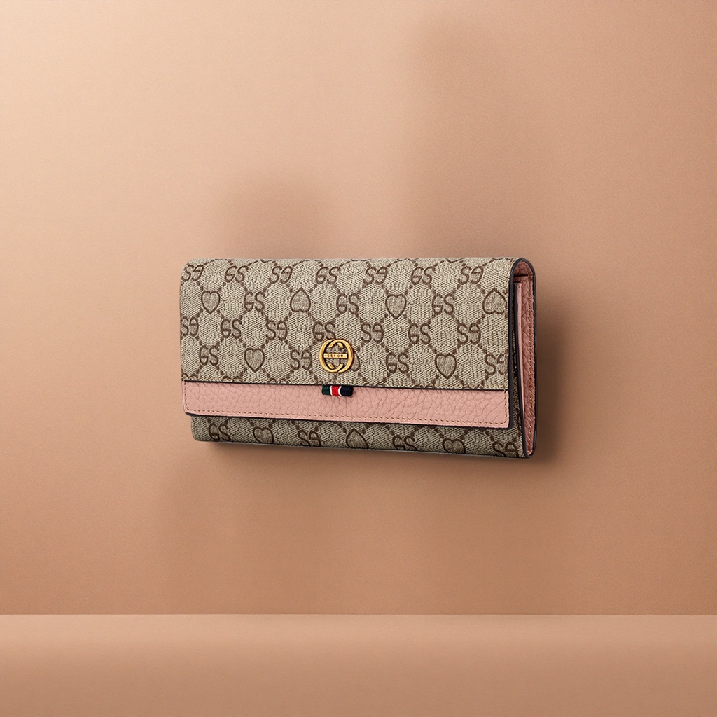 Beige printed genuine leather wallet, a simple and fashionable long wallet for ladies