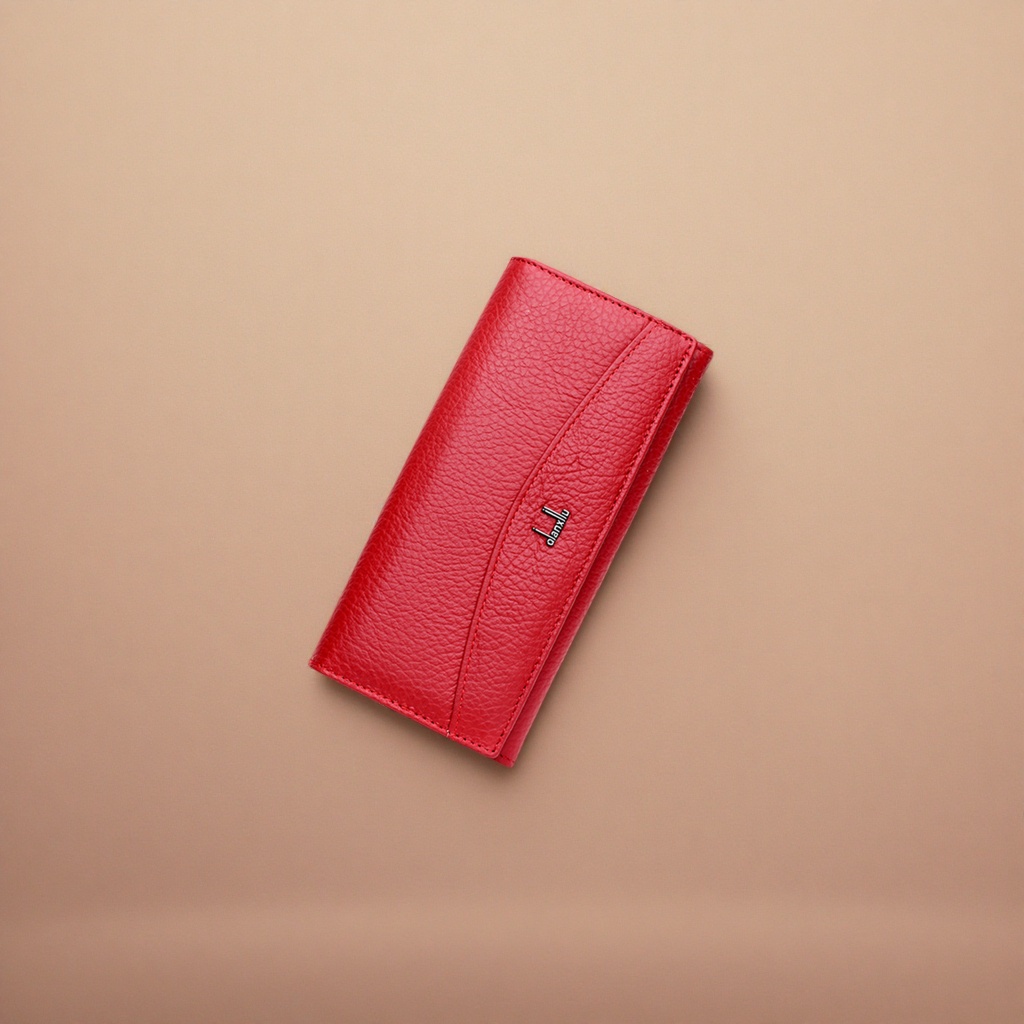 Red leather wallet, men's simple business long leather change wallet details Picture