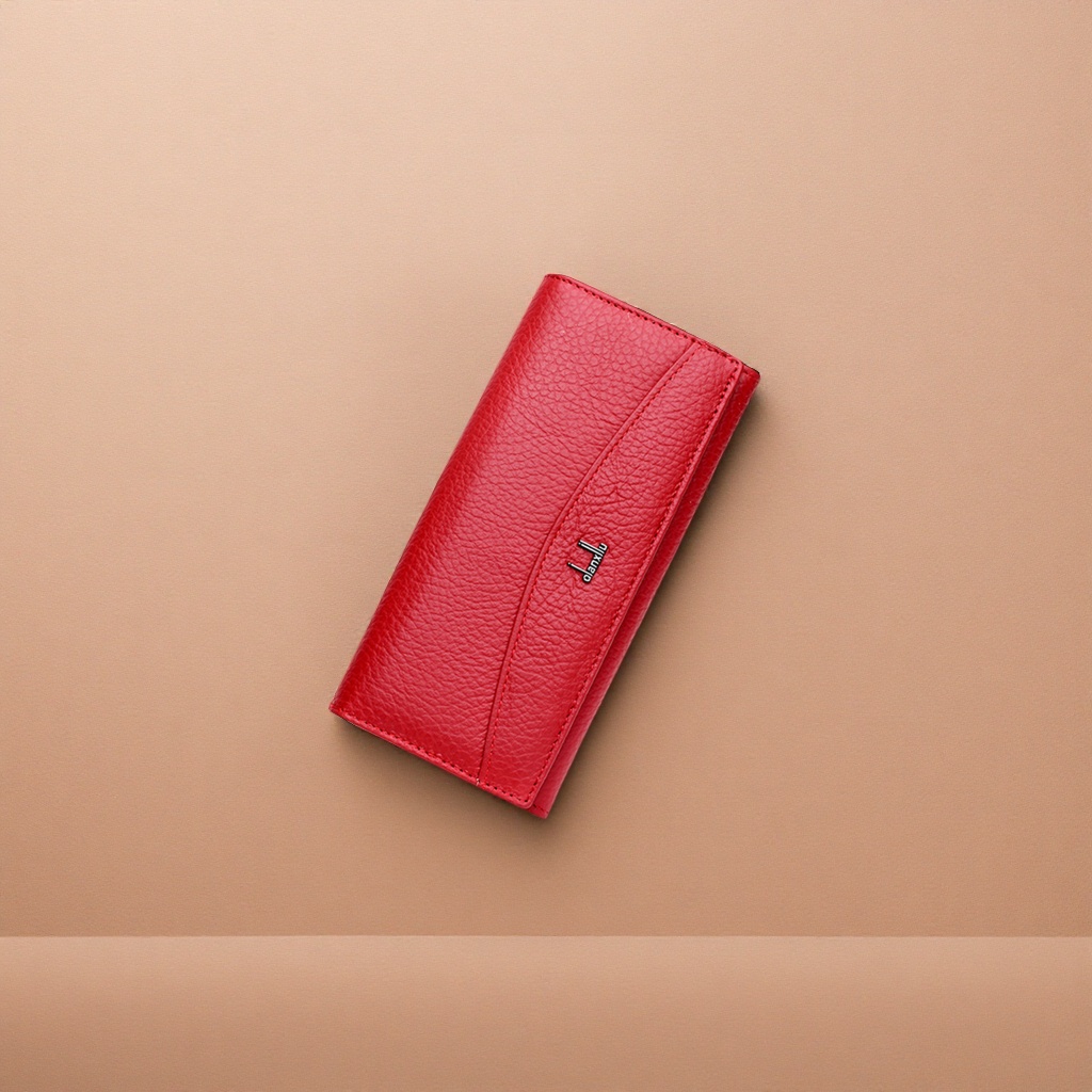 Red leather wallet, men's simple business long leather change wallet