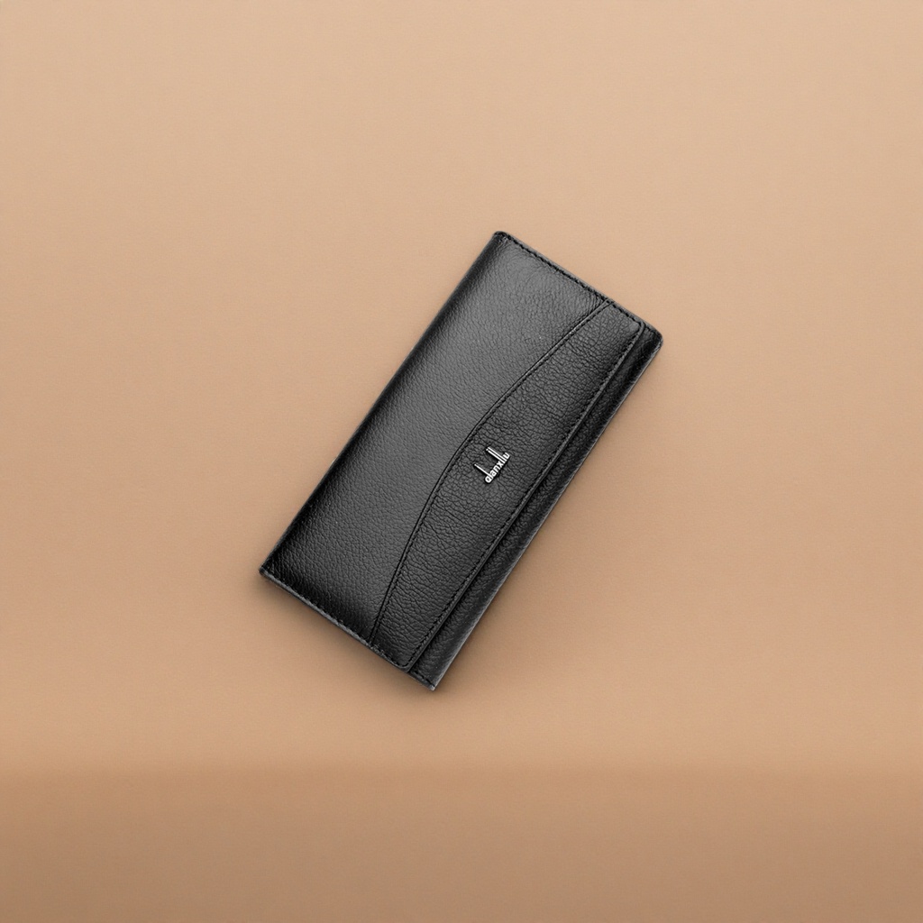 Black genuine leather wallet, men's simple business long wallet card case details Picture