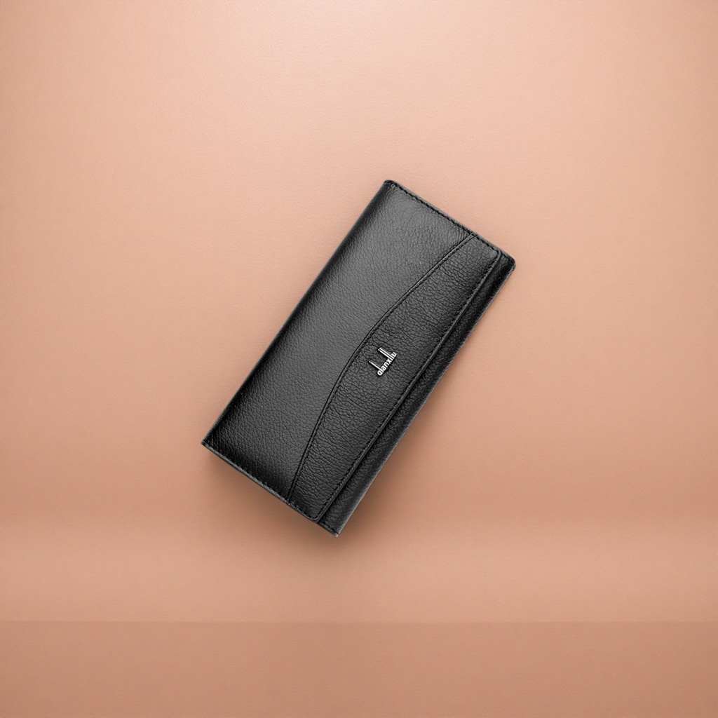 Black genuine leather wallet, men's simple business long wallet card case Specification image
