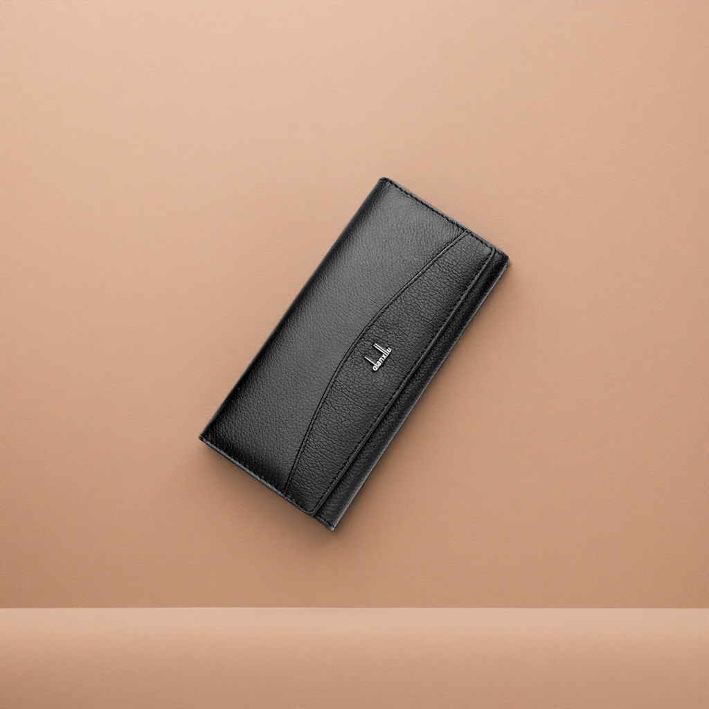 Black genuine leather wallet, men's simple business long wallet card case