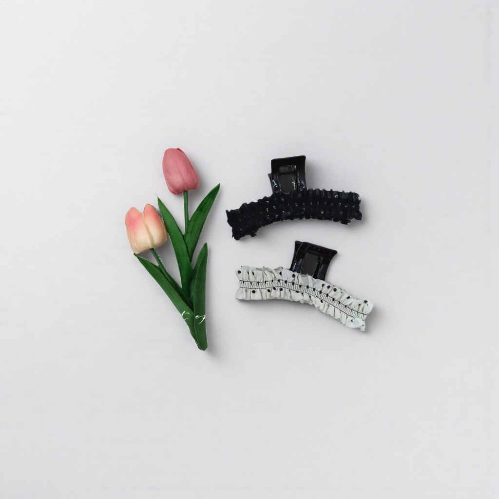 Black polka dot lace hairpins, white polka dot lace hairpins, pink tulip bouquets