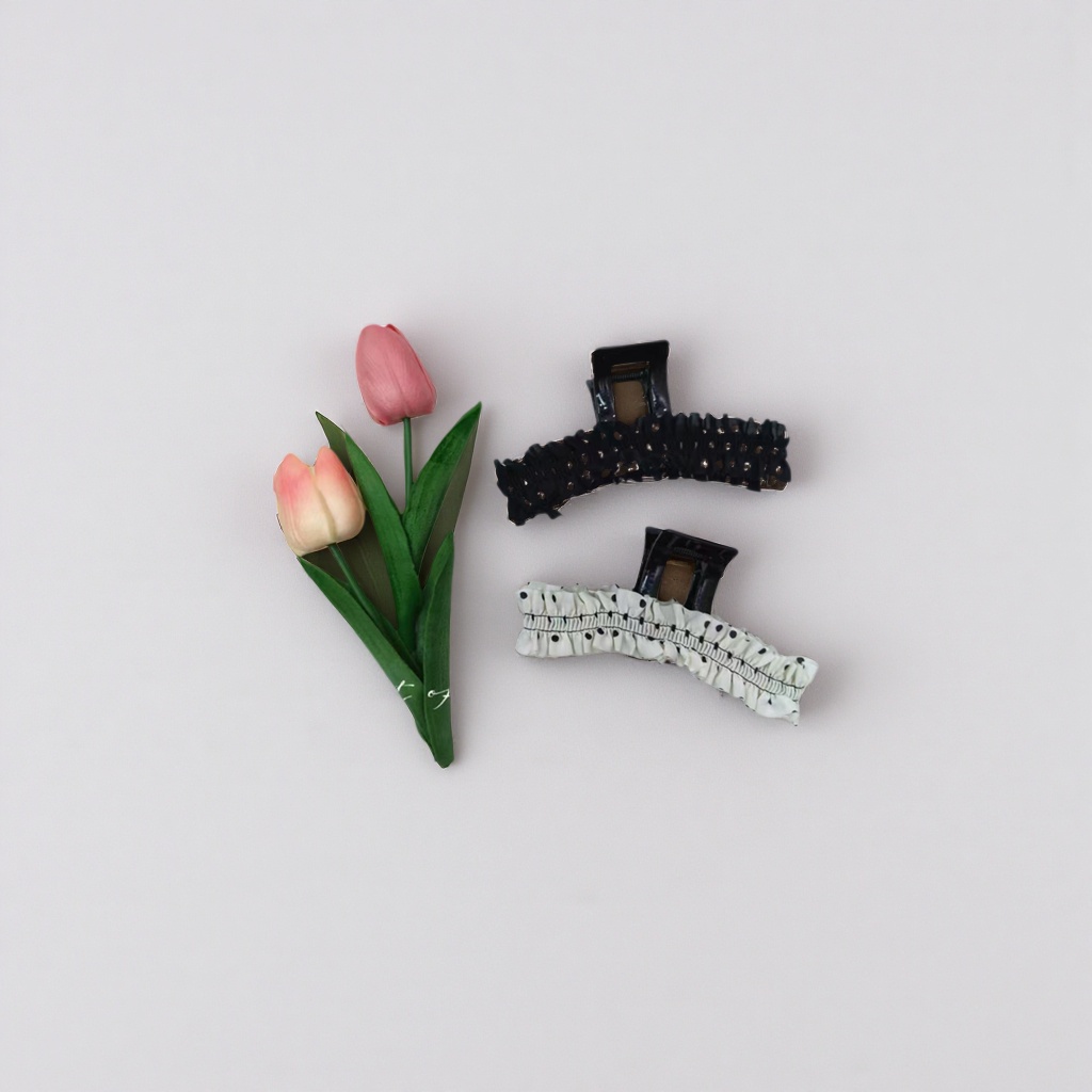 Black polka dot lace hairpins, white polka dot lace hairpins, pink tulip bouquets Specification image