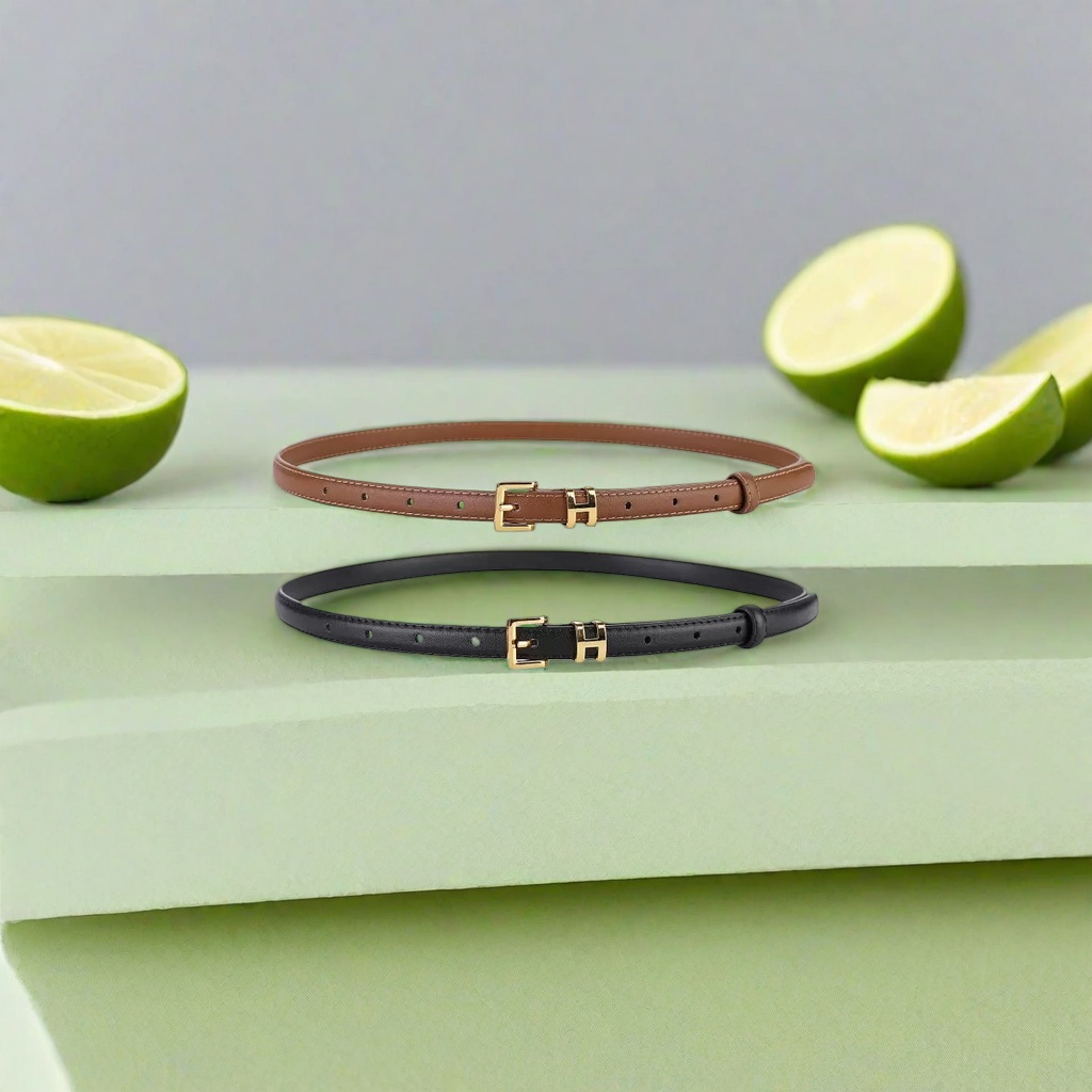 The brown and black leather belt with a golden H-shaped buckle is simple and versatile for men