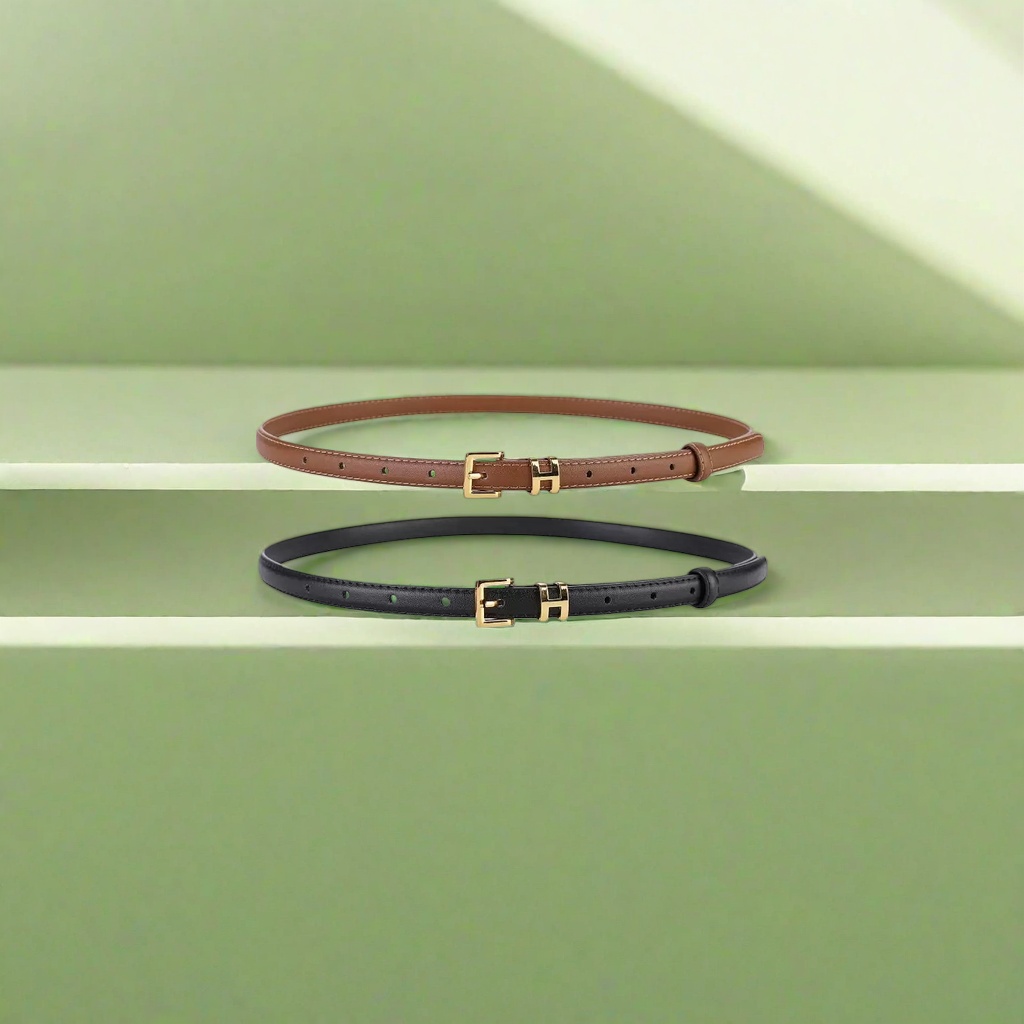 The brown and black leather belt with a golden H-shaped buckle is simple and versatile for men details Picture
