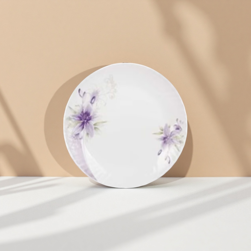 白色盘子 紫色花卉图案陶瓷餐盘 家用简约风圆形盛菜盘