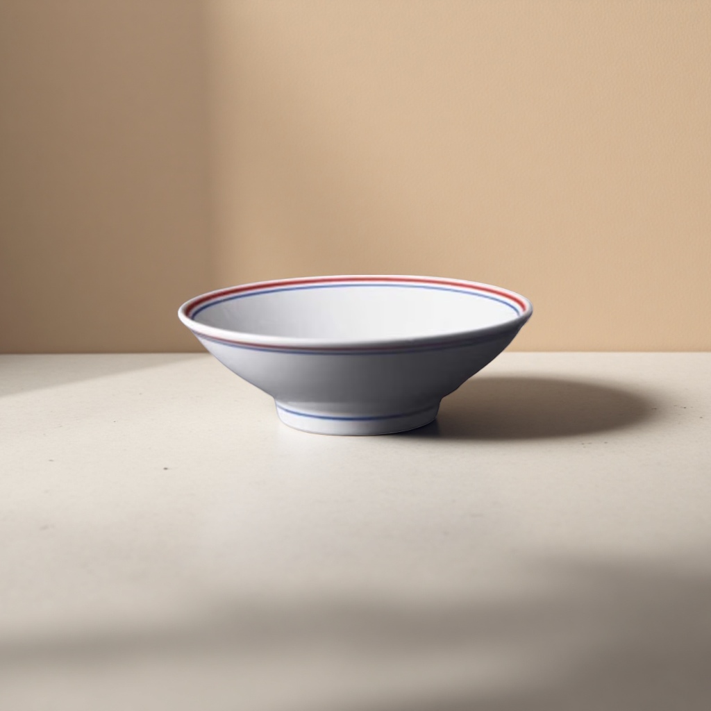 A simple white porcelain bowl with red and blue double-line decoration for household tableware details Picture