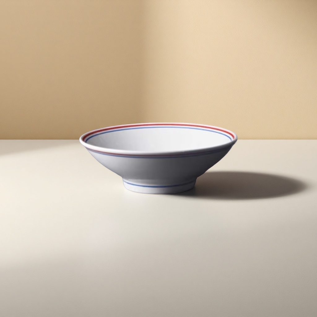 A simple white porcelain bowl with red and blue double-line decoration for household tableware Application Scenario