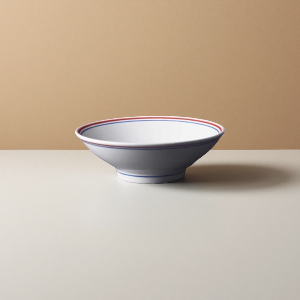 A simple white porcelain bowl with red and blue double-line decoration for household tableware