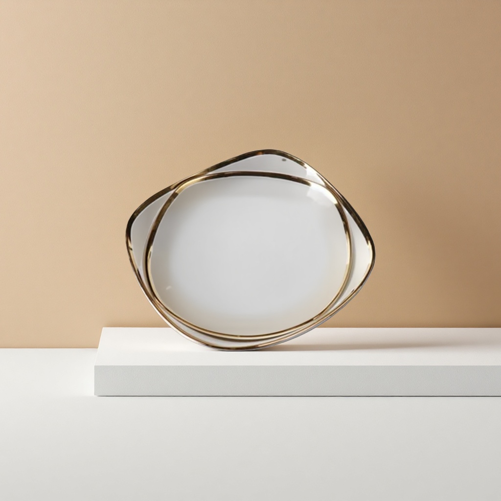 White gold-edge square bowl household ceramic tableware, simple Nordic style for serving rice and vegetables