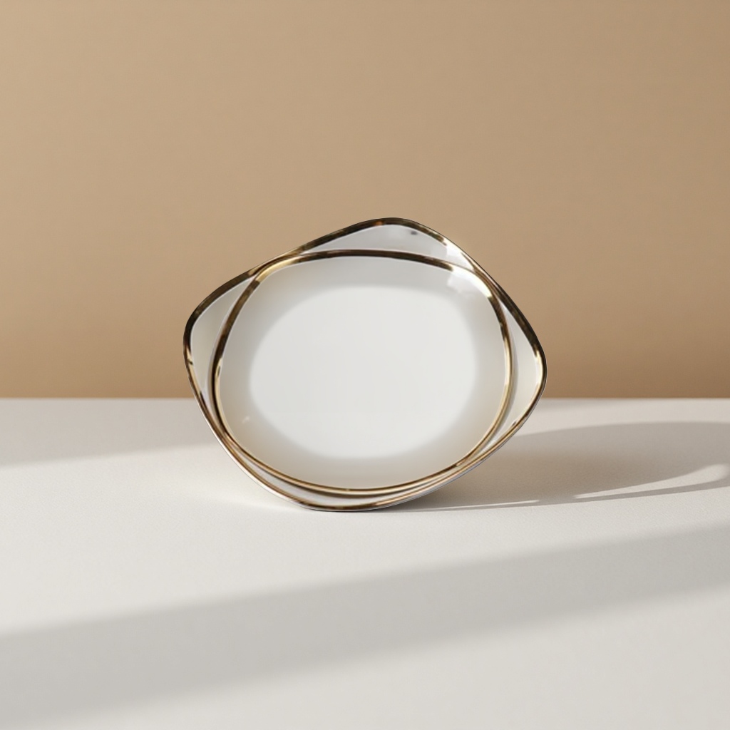White gold-edge square bowl household ceramic tableware, simple Nordic style for serving rice and vegetables details Picture