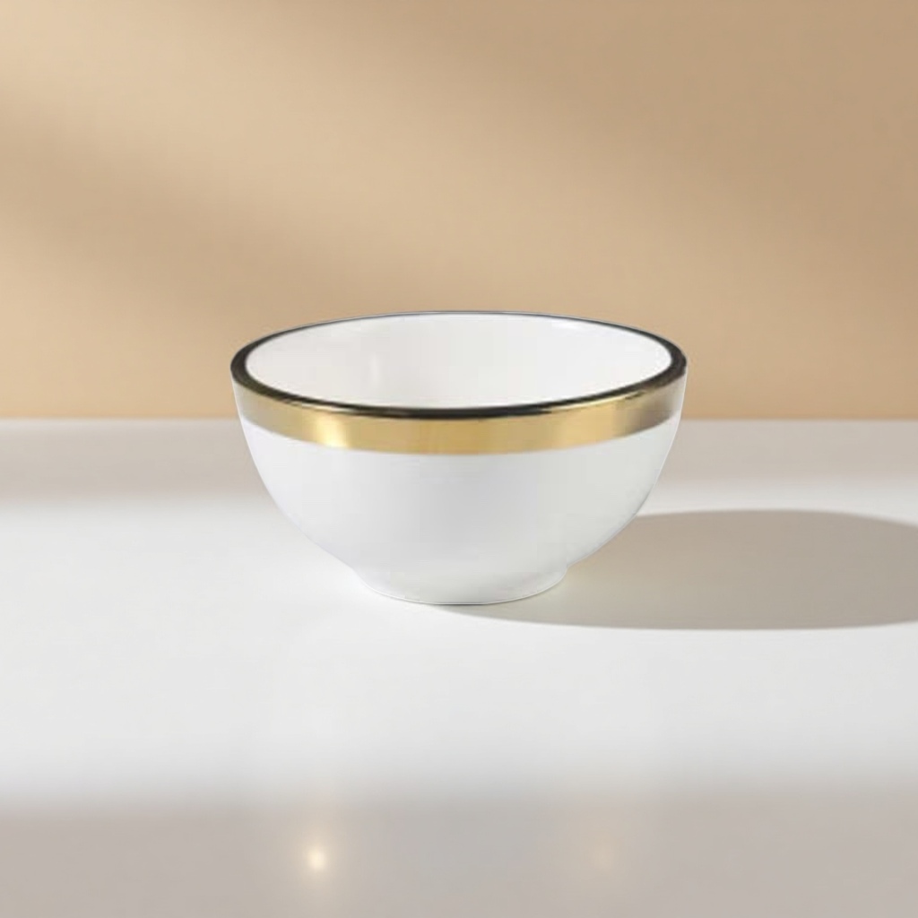 White porcelain bowl with golden rim, household tableware, simple Nordic-style ceramic bowl Application Scenario
