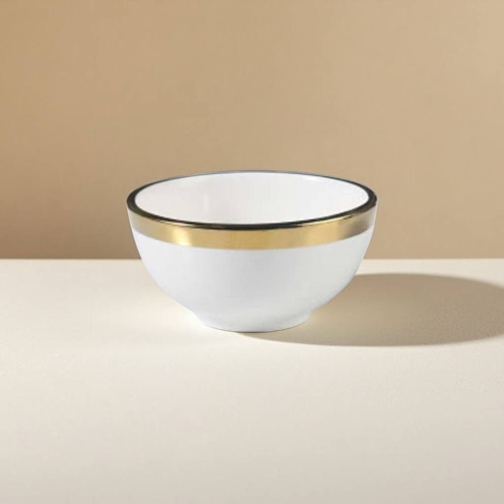 White porcelain bowl with golden rim, household tableware, simple Nordic-style ceramic bowl details Picture