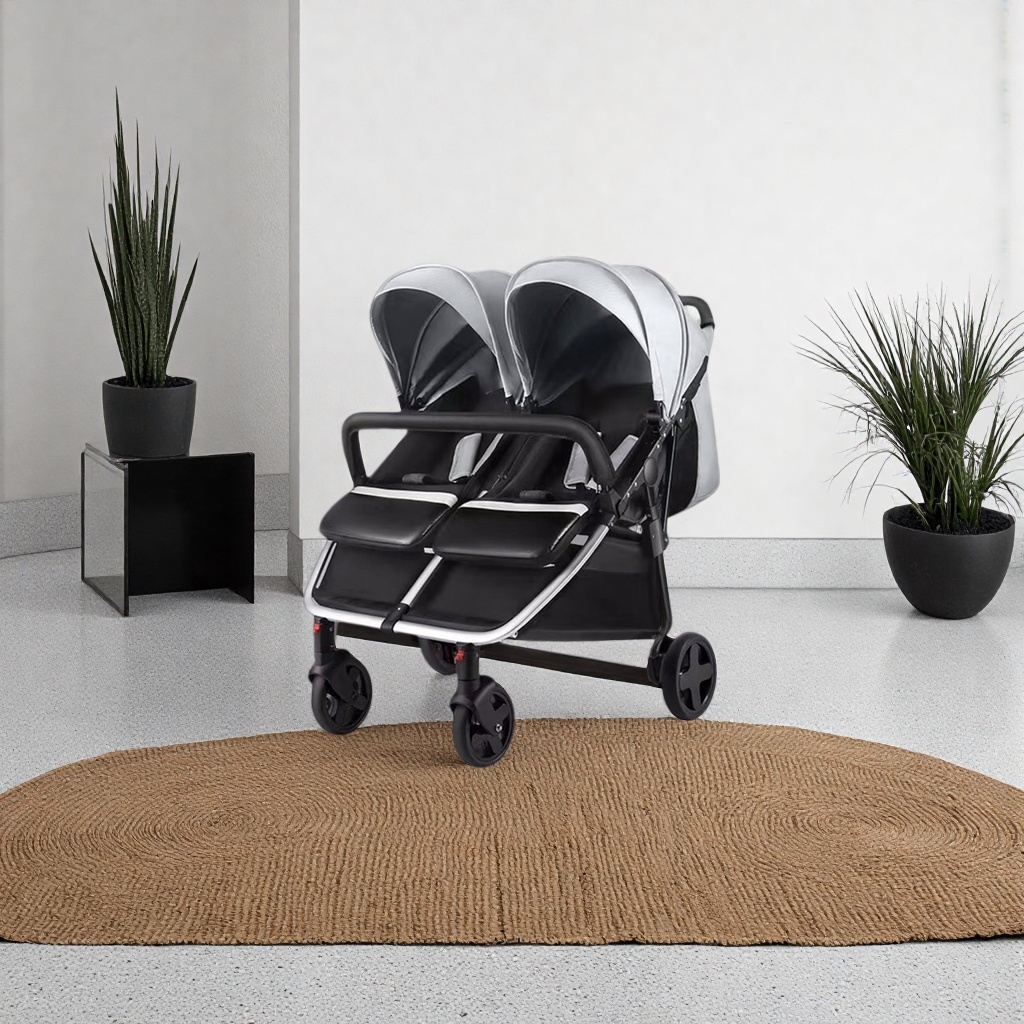 The silver and black twin baby stroller can be used for sitting or lying down, and can be pushed in both directions with light folding Specification image