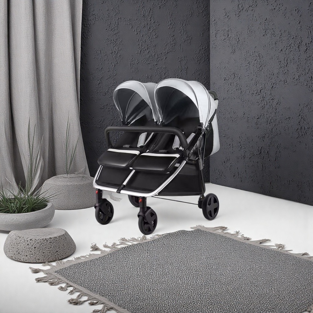 The silver and black twin baby stroller can be used for sitting or lying down, and can be pushed in both directions with light folding Application Scenario