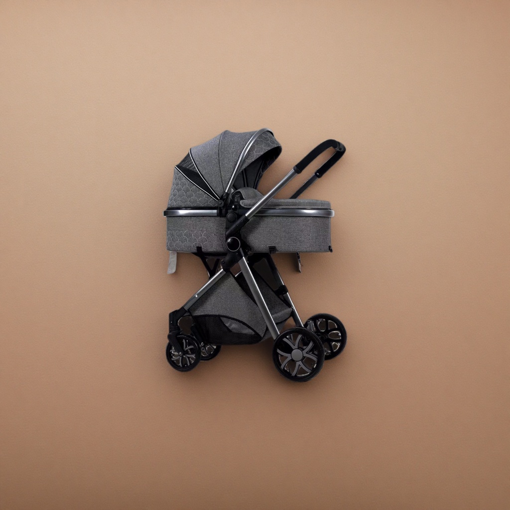 The grey baby stroller with an aluminum alloy frame features a one-button retraction for convenient travel and is suitable for children aged 0-3 details Picture