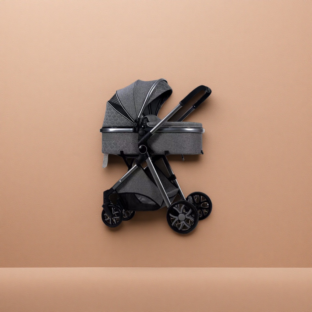 The grey baby stroller with an aluminum alloy frame features a one-button retraction for convenient travel and is suitable for children aged 0-3