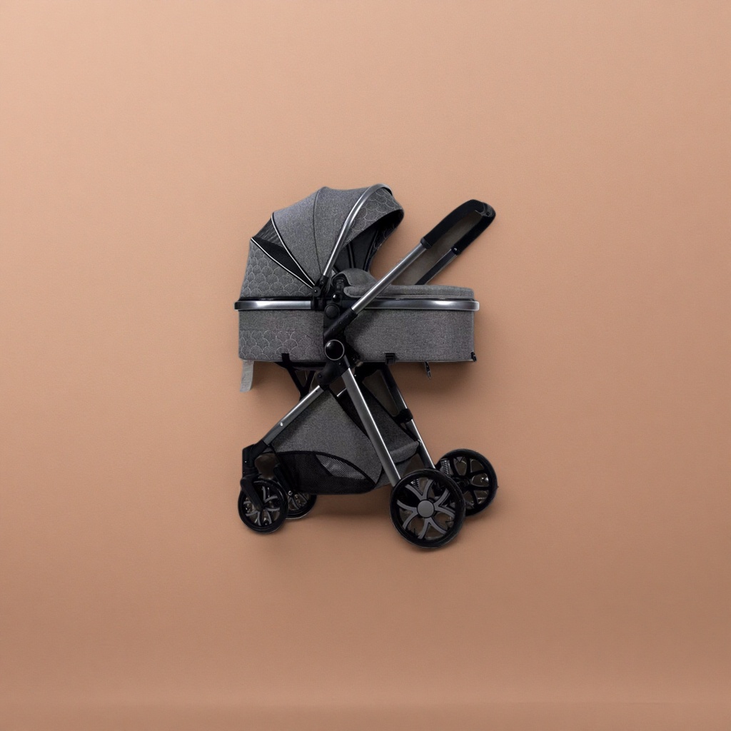 The grey baby stroller with an aluminum alloy frame features a one-button retraction for convenient travel and is suitable for children aged 0-3 Specification image