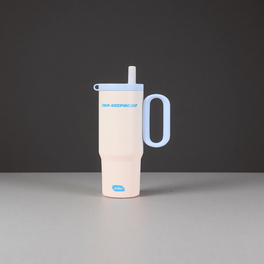 米色保温杯带浅蓝色杯盖吸管手柄 COLD KEEPING CUP coffee