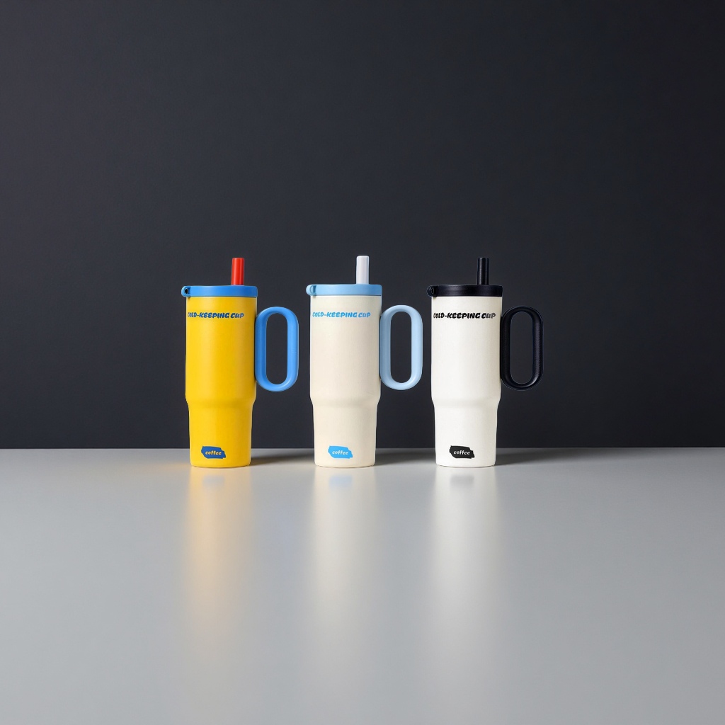 黄色米白白色三款手柄保温杯配色吸管盖吸管 COLD KEEPING CUP coffee