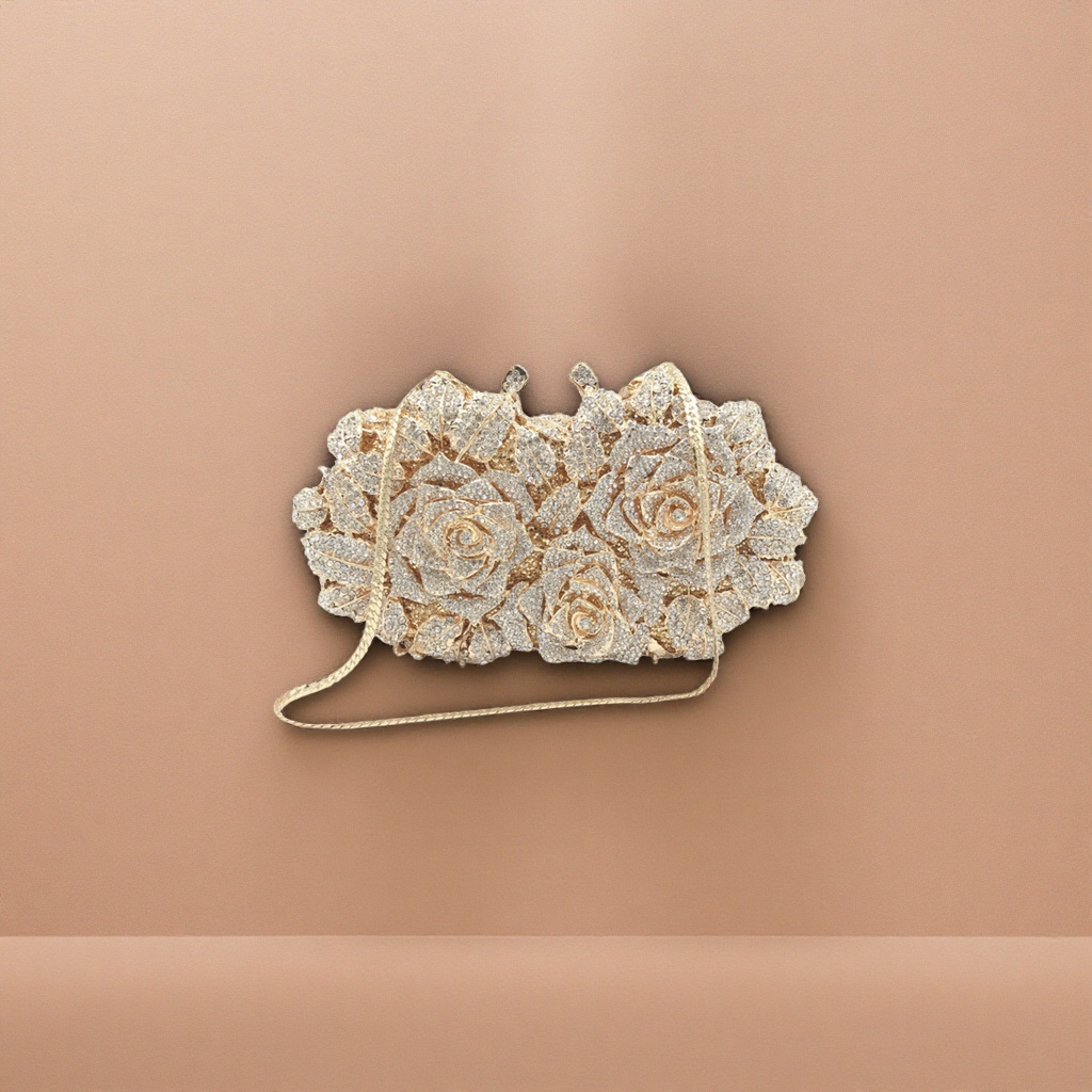 A golden diamond-encrusted rose-shaped handbag for ladies and a small chanel-style chain bag for dinner