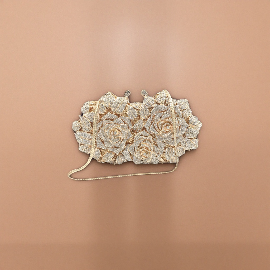 A golden diamond-encrusted rose-shaped handbag for ladies and a small chanel-style chain bag for dinner Specification image
