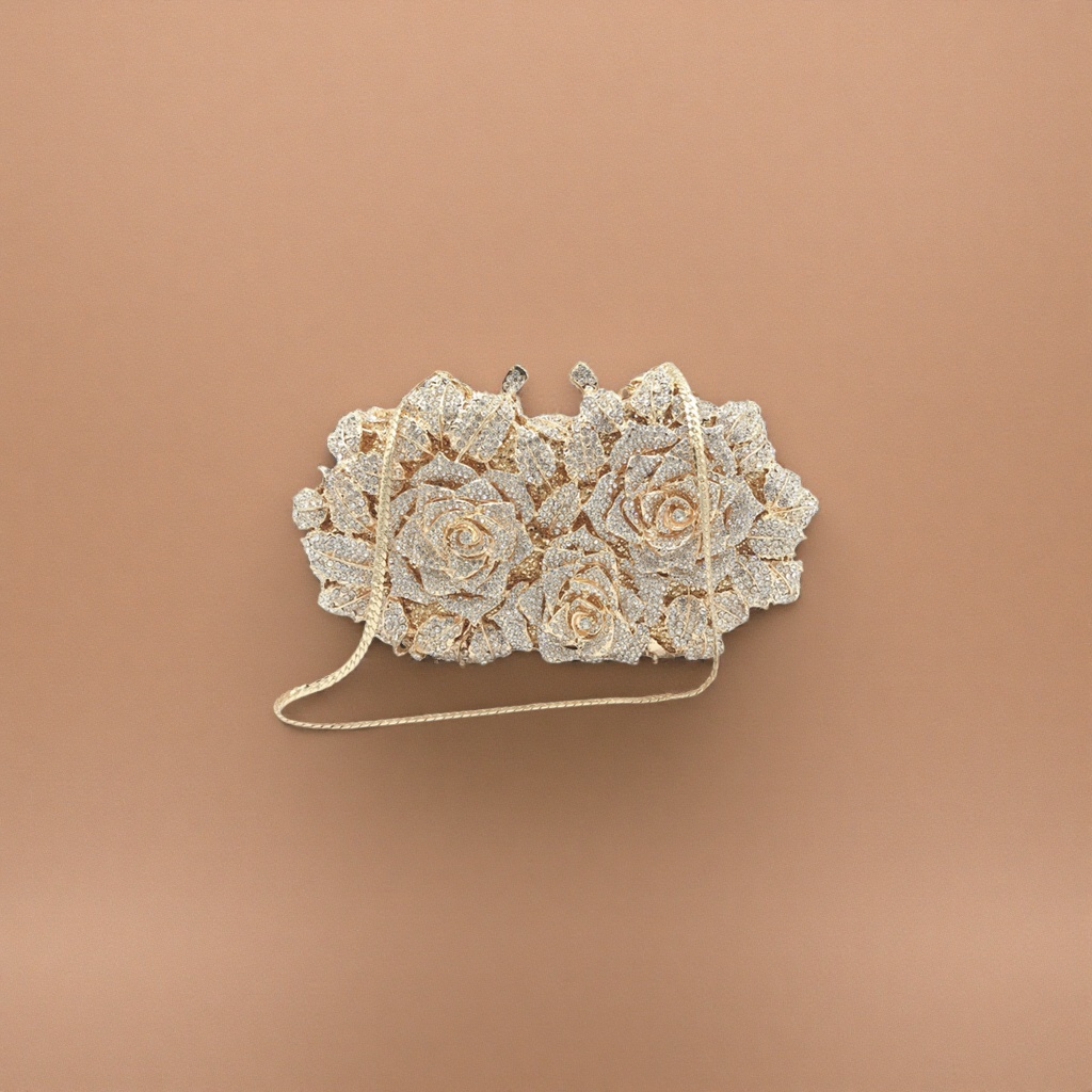 A golden diamond-encrusted rose-shaped handbag for ladies and a small chanel-style chain bag for dinner details Picture