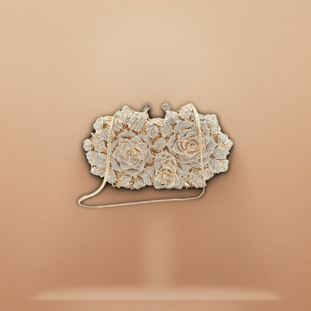 A golden diamond-encrusted rose-shaped handbag for ladies and a small chanel-style chain bag for dinner Application Scenario