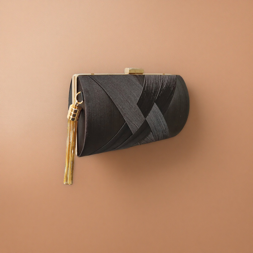 Black pleated clutch with golden metal buckles and tassels Specification image