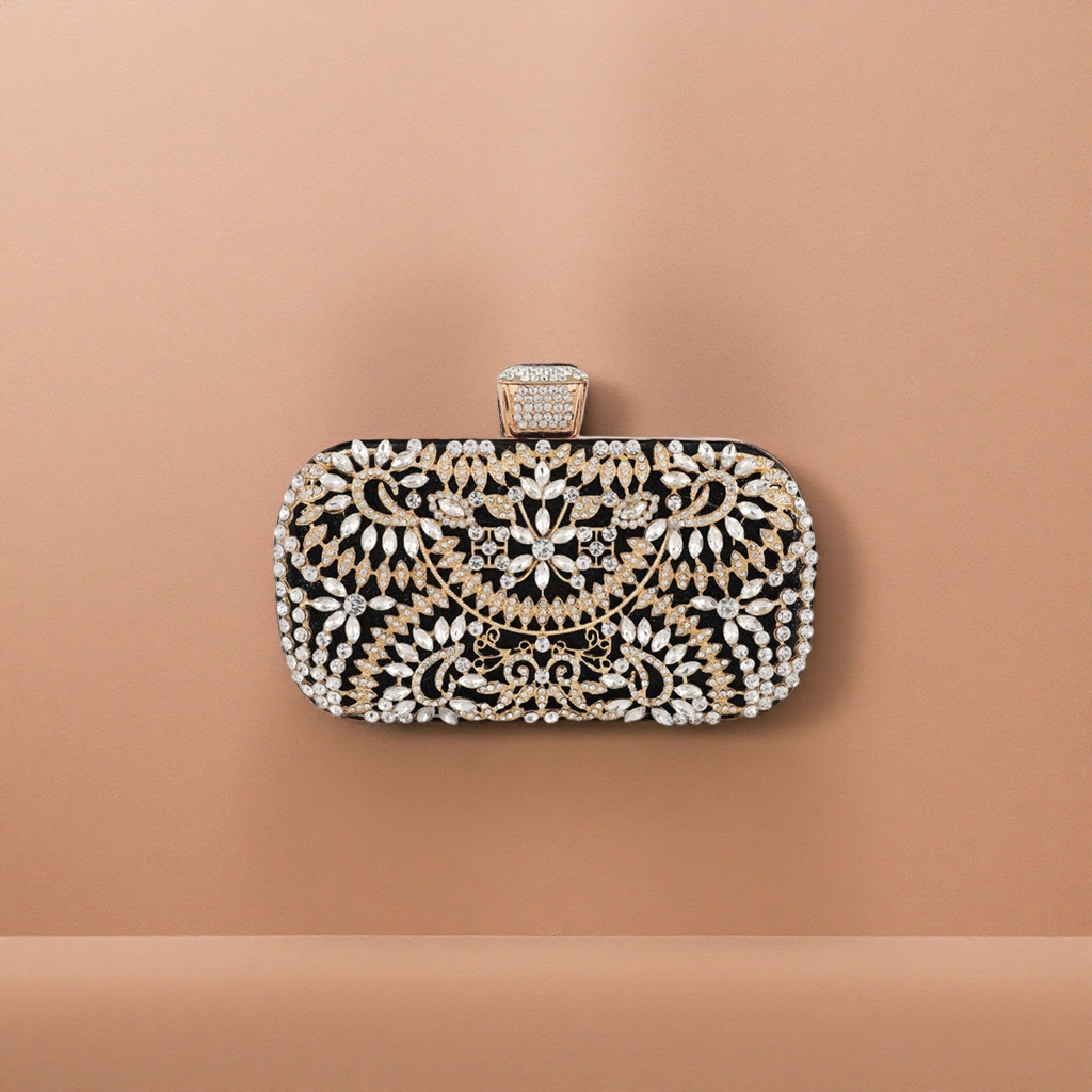 This black diamond-encrusted and gold-patterned clutch is small, lightweight, fashionable and versatile for women's dinner