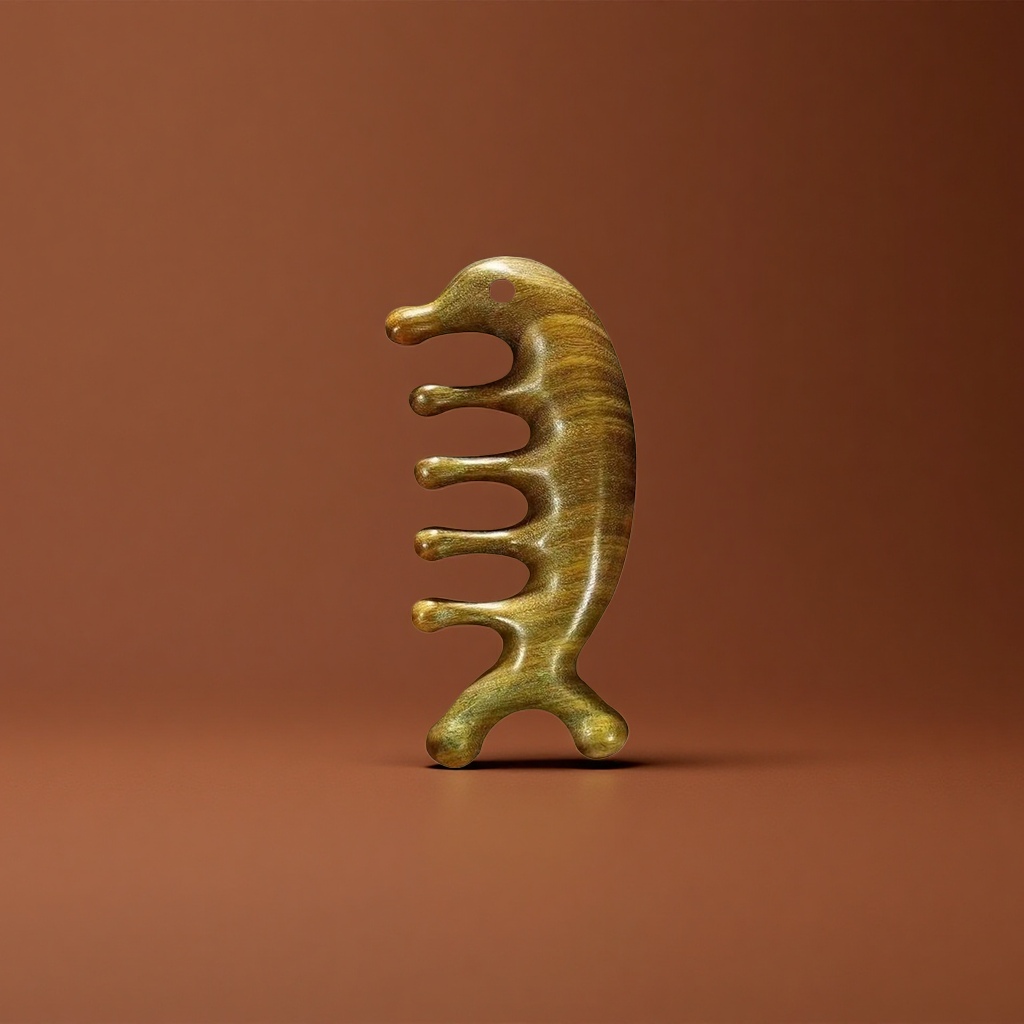 Golden wooden dolphin-shaped massage comb, natural wood grain, hand-polished, comfortable scalp care details Picture