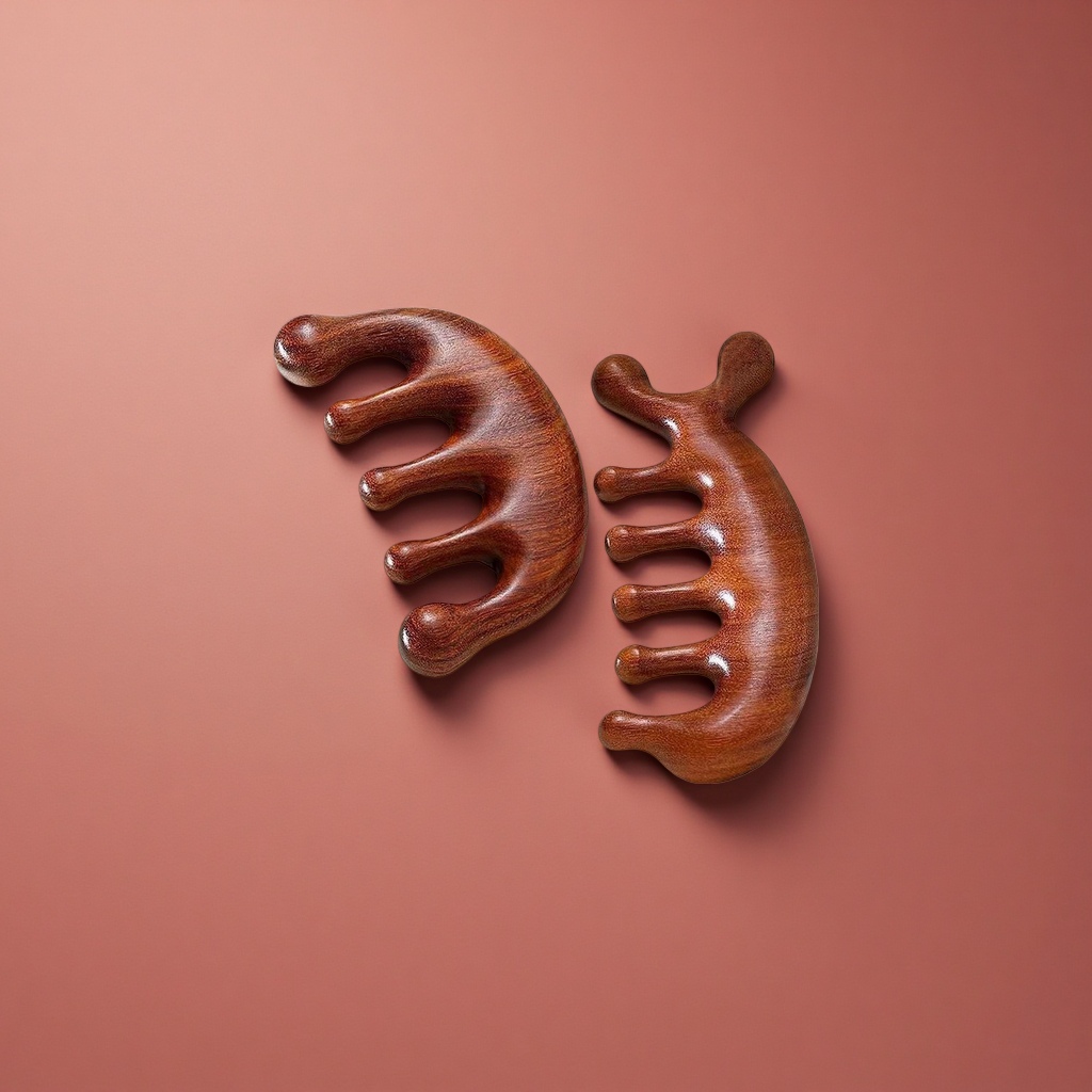 Brown wooden massage comb, with natural wood grain and hand-polished, massages the scalp to soothe and relax Application Scenario