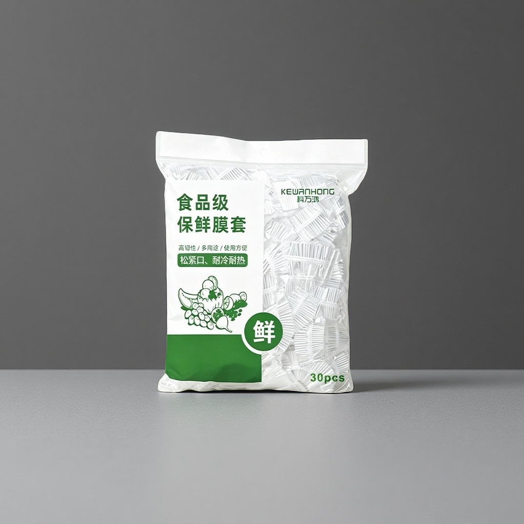科万鸿食品级透明保鲜膜套30只配波浪封口夹白色塑料袋装绿色标签