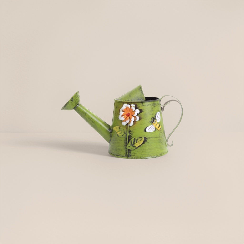 绿色复古浇水壶带花朵蜜蜂装饰家用园艺浇花工具