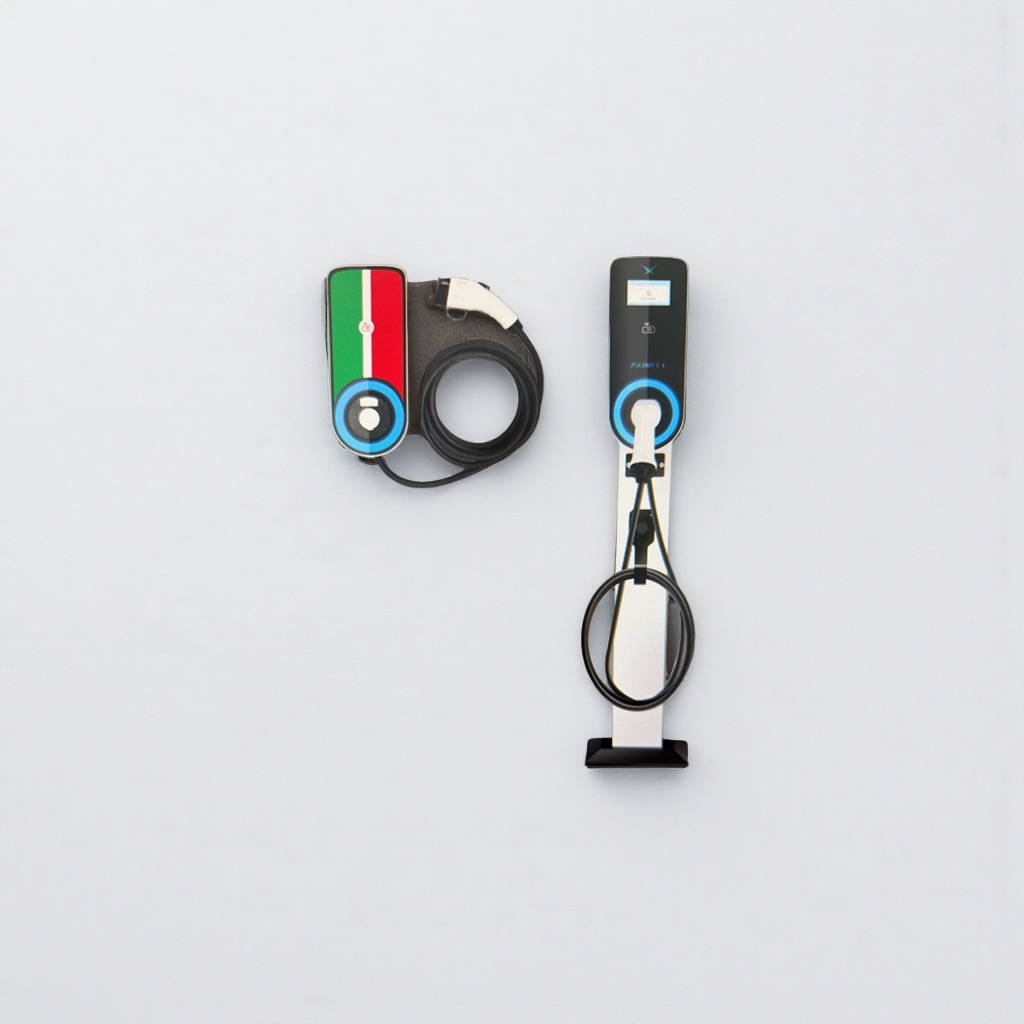 The black charging pile is equipped with a blue annular light and a white charging gun